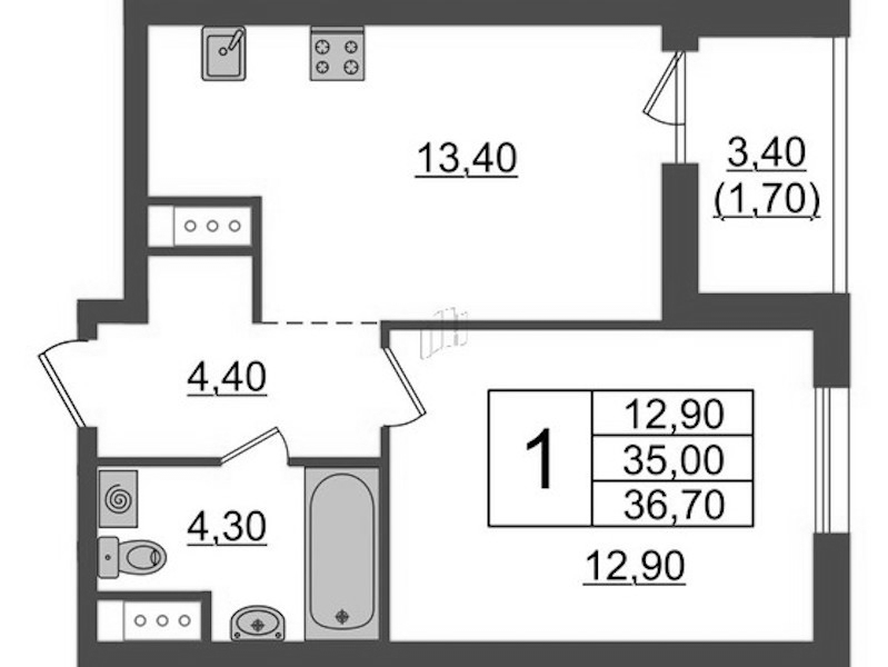 1-комнатная квартира 36.7 м², 2/9 эт., ЖК «А101 Лаголово»